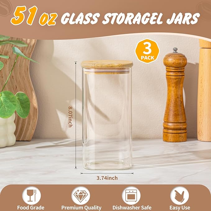 SENTVEND 51 Oz Glass Storage Jars with Bamboo Lids - 3 Pack Clear Glass Canisters Square Airtight Stackable Ideal for Pantry Storage Containers Great for Storing Oats Coffee Beans Pasta Flour Rice etc