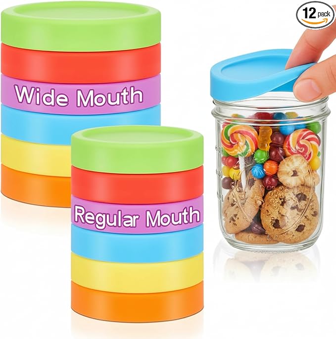 Teenyyou 12 Pcs Mason Jars 6 Wide and 6 Regular Mouth Lids Mason Jar Lids Thickened Leak Proof Lid for 86mm, 70mm Wide and Regular Mouth, Reusable Canning Jar Caps(Red Orange Yellow Green Blue Purple)