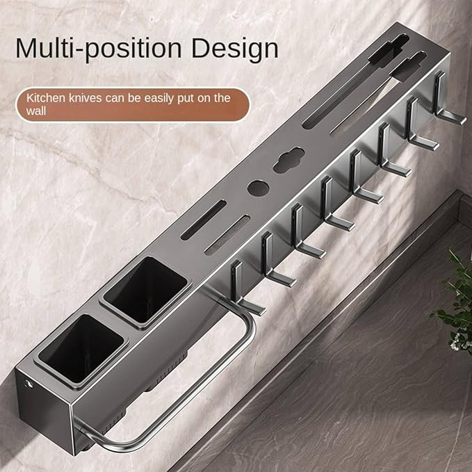 New Multi-Functional Kitchen Rack Home Wall-Mounted Knives Chopstick and Spoon Storage Rack Punch-Free cookware draining Rack, 30, Black