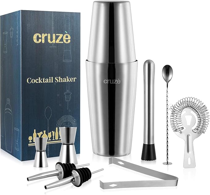 9-Piece Cocktail Shaker Set – 800ml Boston Shaker Dual Jiggers Muddler Bar Spoon Strainer Tongs & Pourers – Gift Box for Home Entertaining