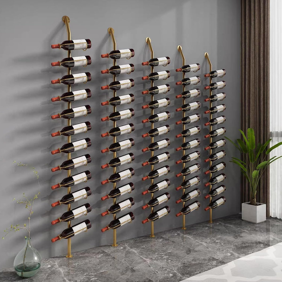 Wine Rack Wall Mounted, 72.8in High Metal Wine Bottle Holder for 12 Bottles, Kitchen Organization and Wine Storage for Commercial Restaurants Pantry Bar Wine Cellar (Gold, Two rows-24 Bottles)
