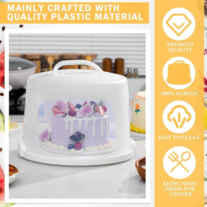 Baderke 10 Inch Round Cake Carrier with Lid and Handle - Two Sided Cake Holder & Box for Transport, Pie, Cupcake(White)