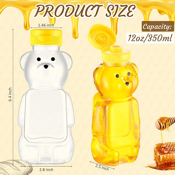 Thenshop 60 Pcs Plastic Bear Honey Bottle Jars Bulk 12 oz Honey Squeeze Bottle Empty with Flip Top Lid Containers Honey Bear Bear Juice Bottle Drinking Cup Yellow Flap Caps for Storing Dispensing