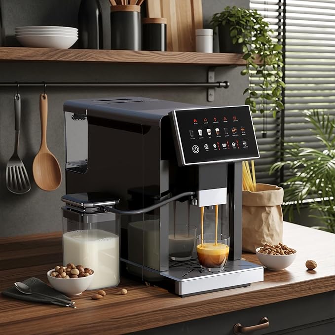Kndko Fully Automatic Coffee Machine, 20 Bar Automatic Espresso Machine, Coffee Maker with Grinder for 15 Settings, Auto Self-Cleaning, Touch Control for Cappuccino & Latte, Removable Water Tank
