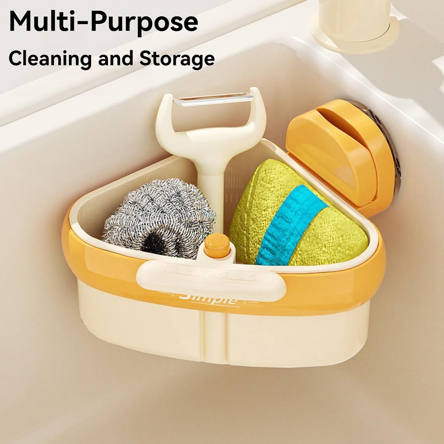 Suction Cup Sink Corner Rack, Triangular Suction Cup Corner Sink Caddy, Kitchen Sink Drain Strainer Basket for Kitchen Bathroom Dishware (Orange)