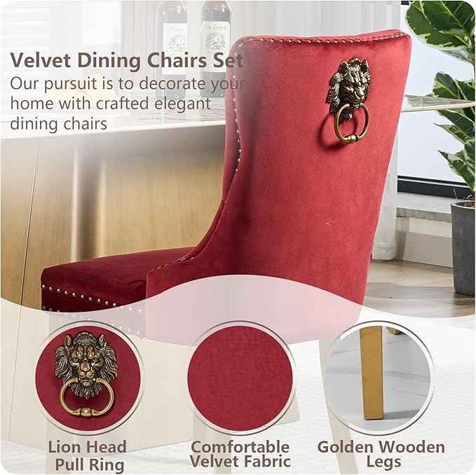 Velvet Dining Chairs Set of 2, Modern Tufted Dining Room Chair, Upholstered Dining Chairs with Lion Head Pulls Ring and Golden Solid Wood Legs, Luxury Kitchen Chairs for Dining Room, Burgundy
