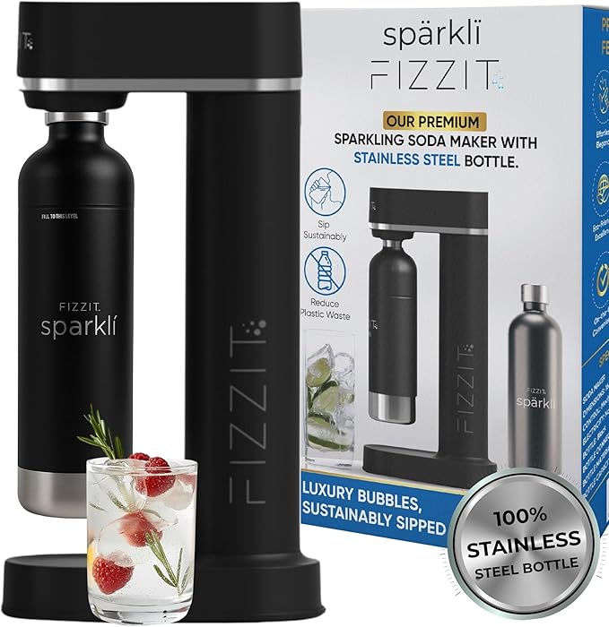 Fizzit Sparklí Stainless Steel Sparkling Water Maker with 3 Reusable Stainless Steel Water Bottles – Soda Streaming Machine Carbonated Seltzer Fizzy Water Maker for Home Kitchen, Dishwasher Safe
