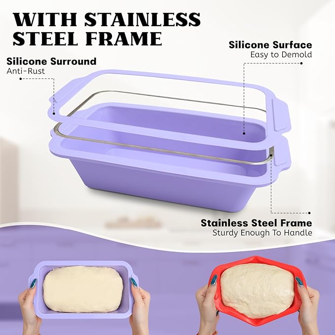 Bread Pans for Homemade Bread：9.5 x 5 Inch Silicone Loaf Pan for Baking with Metal Frame - Nonstick Banana Loaf Tin Tray for Sandwich Sourdough Pumpkin Sour Dough - for Oven Kitchen Home Baker