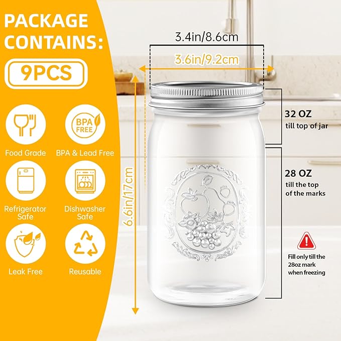 Miuyhji Wide Mouth Mason Jars 32 oz with Lids [9-Pack], Canning Jars with Metal Airtight Lids and Bands, 32 oz Glass Jars for Fermenting, Pickling, Freezing, Preserving, Meal Prep, Jar Décor