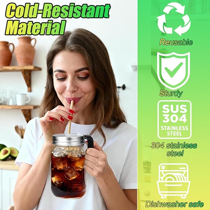 Palksky Mason Jar Lids with Straw Hole & Handle for Regular Mouth Jars, Leak-Resistant Drinking Lids with Extra Silicone Rings, Mason Jar Straw Lids for Iced Coffee, Lemonade, Juice (2 Pack)