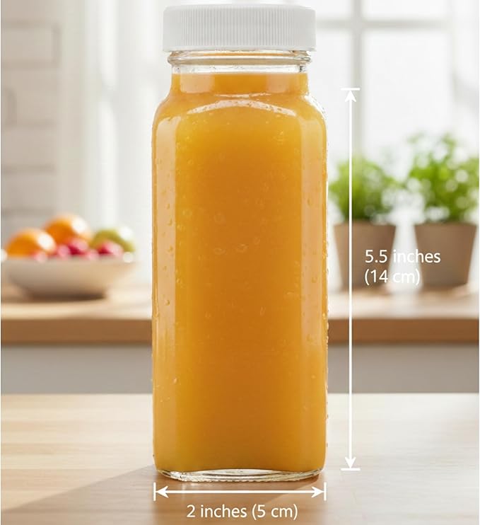 kitchentoolz 8oz Square Glass Juice Shot Bottle with Lid – 4 Pack 8 oz Milk Glass Bottles with Lids for Lunch Box, Airtight Reusable Drinking Jars for Smoothies, Yogurt, Kefir, Juice & Water