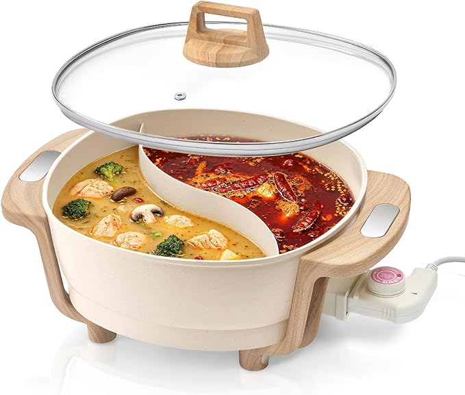 Hot Pot Electric Hot Pot with Divider, Large 6L Nonstick Dual-Sided Shabu Shabu Pot Dual-Flavor hotpot electric 1500W with Adjustable 5-Temperature Control ，Perfect for Family Dinners & Parties