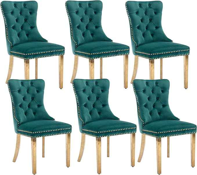 Velvet Dining Chairs Set of 6, Upholstered Dining Room Chairs with Back Ring Pull Trim and Golden Stainless Steel Legs,Modern Kitchen Chairs Perfect for Dining Room,Living Room,Kitchen(Green)