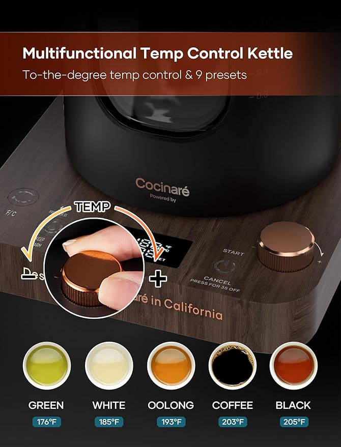Electric Tea Kettle, INTASTING Glass Electric Kettle with tea Infuser and Precise knob temperature control, 1200W Fast Heating, BPA-Free, Easy to Clean, 1 Liter (Wood)