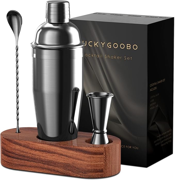 LUCKYGOOBO Cocktail Shaker Set,24 oz Martini Shaker,Bartender Kit with Stand,Stainless Steel Martini Mixer Built-in Strainer,Bar Tool Set,Drink Shaker,Fun Gifts. (Black)