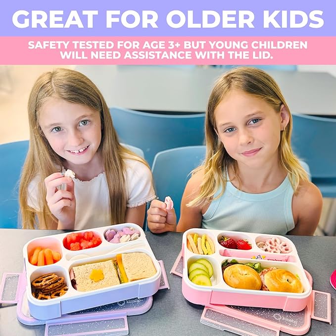 kinsho Glitter Lunch Box Bento-Boxes for Girls, Meal and Snack Containers for Toddler Daycare, School, Travel, 6 Divided Sections, Cute Bentobox, Leak-Resistant, Utensils, Purple Lilac Sparkle