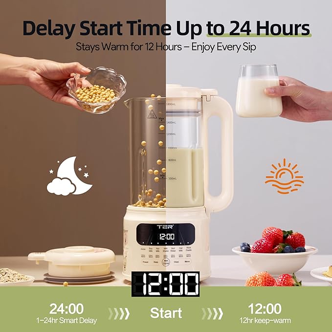 TER Nut Milk Maker Machine, 10-in-1 Soy Milk Maker for Almond/Oat/Soy Milk, Juice, Milkshake, Rice Paste, Auto Clean/24H Preset Time/12H Keep Warm, with 7 Accessories, Beige