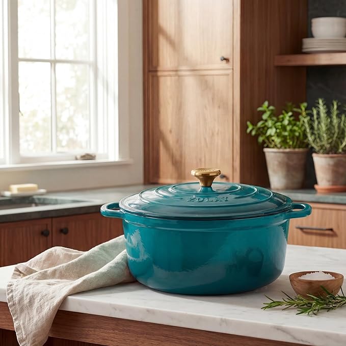 Zulay Kitchen 6.4 Quart Enameled Cast Iron Dutch Oven Pot with Lid Oven Safe up to 500°F. Heavy-Duty Enameled Cast Iron for Sourdough Bread Baking, Stews, Braising & Roasting, Soup Pot with Lid - Emerald