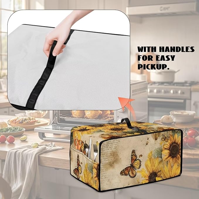 Convection Toaster Oven Cover with Pockets, Easy to Clean, Smart Microwave Baking Oven Dust Cover for Countertop, S, 14.5 x 18.5 x 9 Inches, Retro Sunflower Butterfly