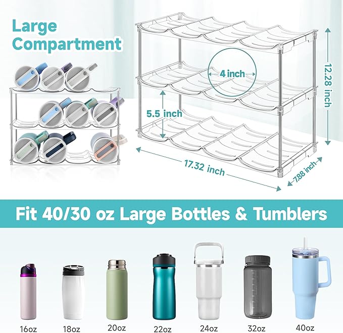 Stackable Water Bottle Organizer, Large Compartment Water Bottle Holder for Stanley 40 oz Tumbler, Kitchen Storage Organizer for Stanley Cup Accessories, Tumbler Organizer Wine Rack - Hold 12 Bottles