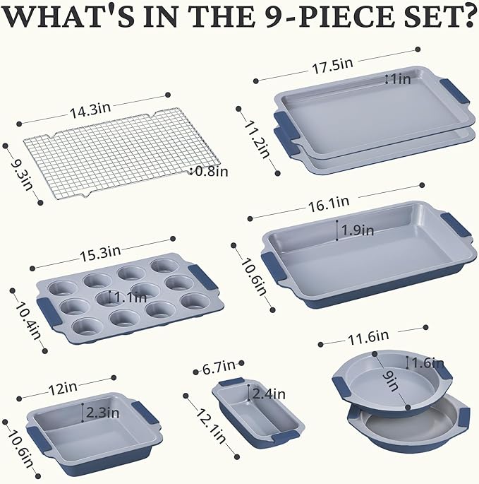 BRONYPRO Nonstick Ceramic Bakeware Set (9 Pieces),Heavy Duty Aluminized Steel Bakeware-Baking Pans Set with Silicone Handles,Includes Sheet Pans,Loaf Pan,Muffin pan,Cake pans,PTFE & PFOA Free - Blue
