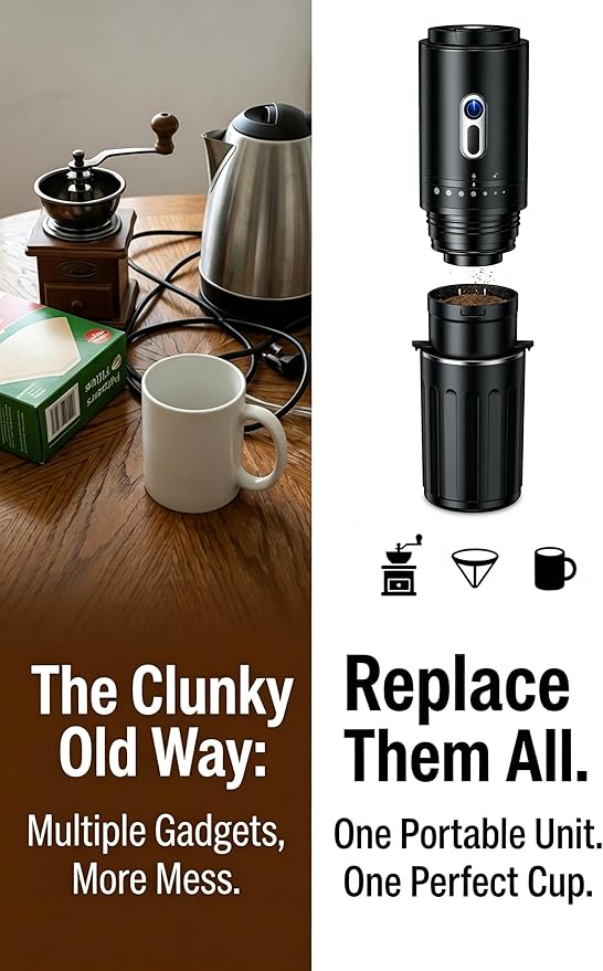 Portable Coffee Maker, Travel Coffee Maker, Portable Battery Pour Over Set, Rechargeable Coffee Maker with Electric Grinder & Insulated Mug for Travel, Camping, Car