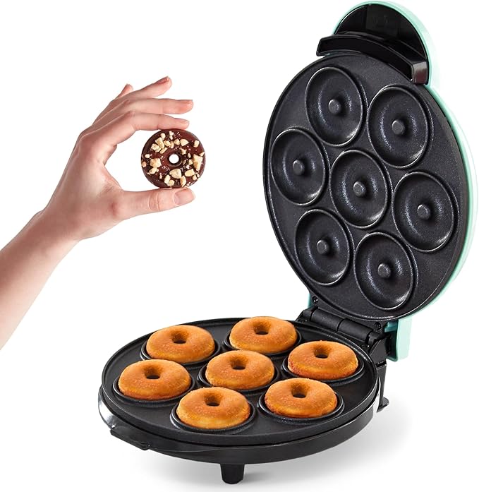 Dash Express Mini Donut Maker - Homemade Dessert Maker - Features Double-Sided, Non-Stick Surface & Space-Saving Design - Makes 7 - Aqua