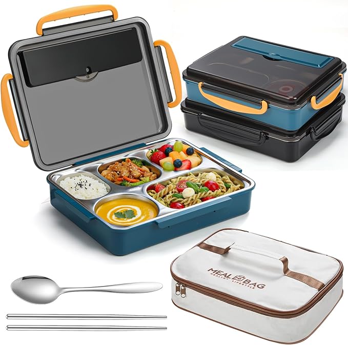 2 Sets Stainless Steel Lunch Bento Box for Adult 2.0 L Leakproof 5 Compartment Metal Bento Box with Bag 8 oz Soup Bowl with Utensils for Office, Travel(Dark Blue, Black)