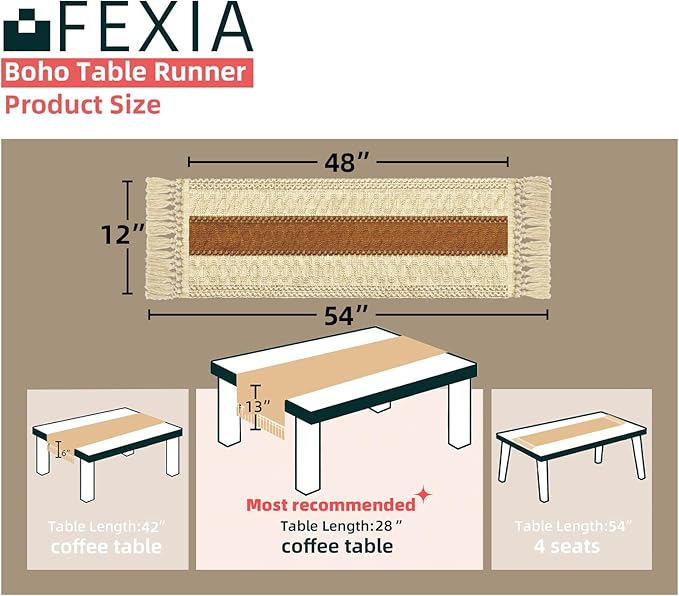 FEXIA Boho Table Runner 48 Inches Long Thanksgiving Decor with Tassels Farmhouse Style for Party Wedding Baby Bridal Shower Dining Decor Middle Brown (12x48 Inches)
