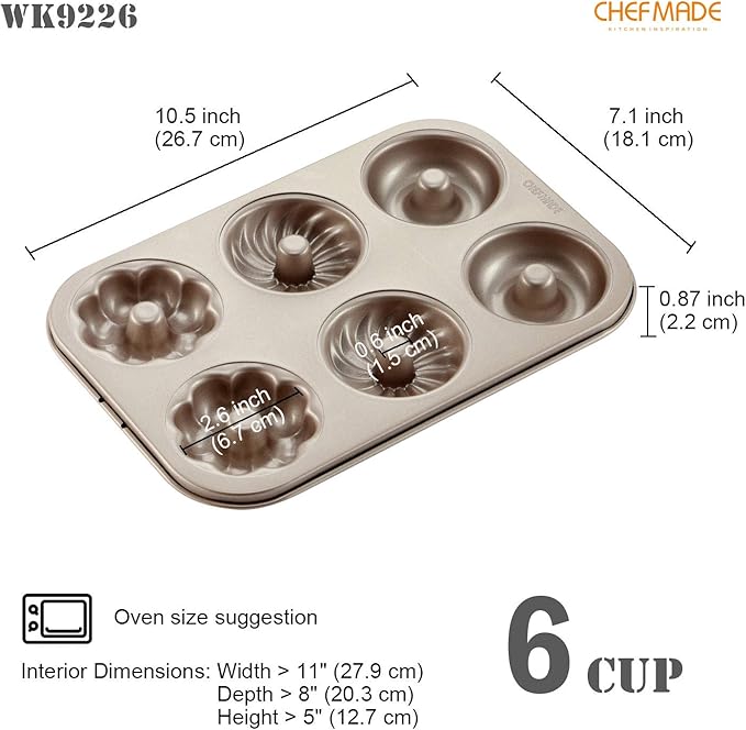 CHEFMADE Donut Mold Cake Pan, 6-Cavity Non-Stick Pattern Doughnut Bakeware for Oven Baking (Champagne Gold)