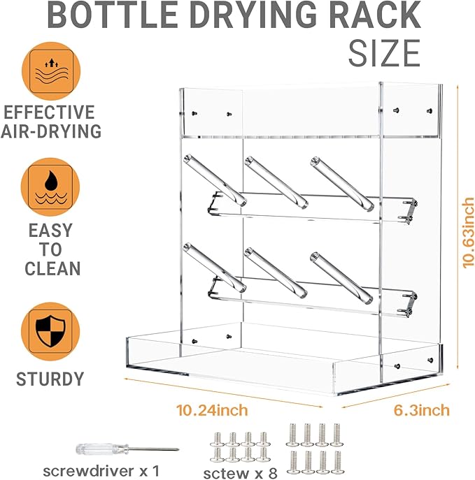 Baby Bottle Drying Rack Space Saving Acrylic Vertical Bottle Dryer Rack with Drip Tray - Clear Kitchen Countertop Storage Organizer–Fast Drying and Easy Cleanup - 10.3 x 6.3 x 10.6 in