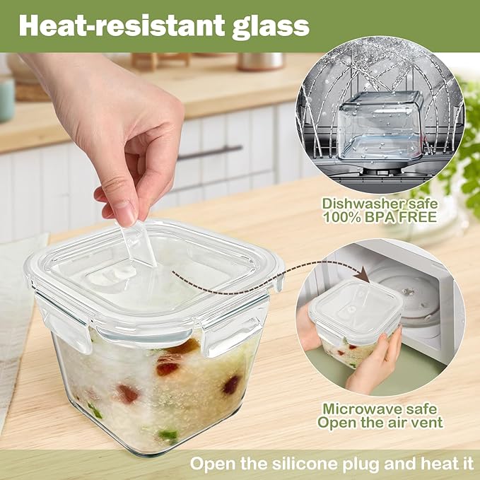 Soup Containers with Lids Glass 32 oz, 4 Cup Borosilicate Glass Food Storage Containers, Microwave & Freezer Safe Jars, Small Square Meal Prep Bowl for Salad, Fruit, Lunch, Ice Cream, Travel, 4 Pack