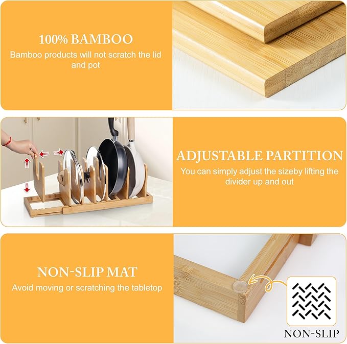 MinBoo Bamboo Expandable Pot Lid Organizer, Pot and Pan Organizer Drawer Organizer for Pot Lids, Adjustable 10 U-Shaped Dividers for Kitchen Cabinet Organizers and Storage (Bamboo-1)