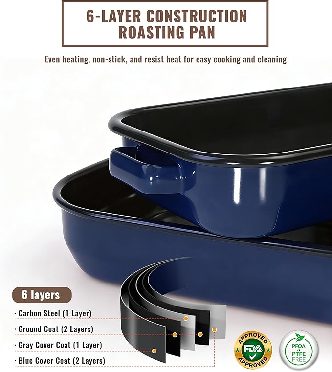 Roasting Pan for Oven with Rack 6-Piece Enamel Deep Lasagna Baking Dish 14&17 Inch, 572°F High Temp Resistance Dishwasher Safe Non-Stick Easy-To-Clean, Large Turkey Ham Roaster Mothers Day Gift