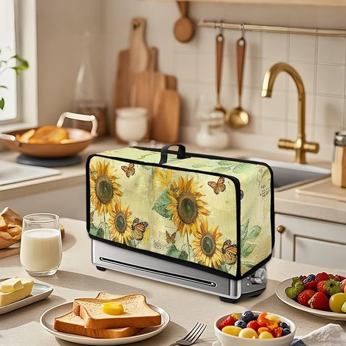 Sunflower Butterfly Toaster Cover Long Slot 2 Slice Slim Toaster Cover, Heat-Resistant Small Appliance Covers Dustproof Protective Covers for Furniture Decor