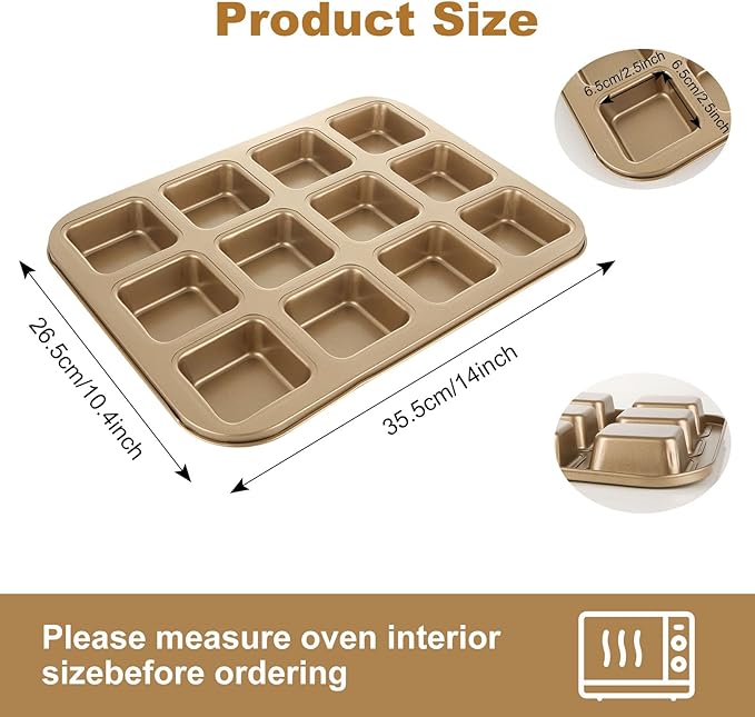YAYODS 3 Pack Brownie Pan with Dividers 12 Cavity Square Muffin Pans Nonstick All Edges Brownie Pan, Baking Pan for Cornbread, Cupcakes, Tart, Muffin Cakes, Cookie, Bread (Gold)