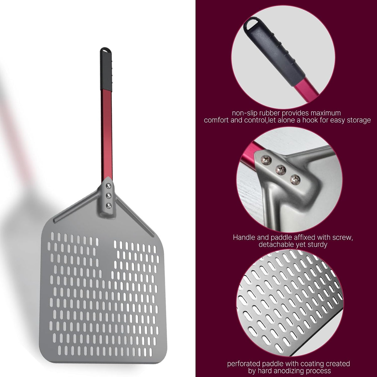 crosson 12”×16" Perforated Pizza Peel, Pizza Spatula Paddle, Lightweight Pizza Turning Peel with 16“ Long Handle, Pizza Oven Accessories, Pizza Tools, Rectangle Pizza Turner