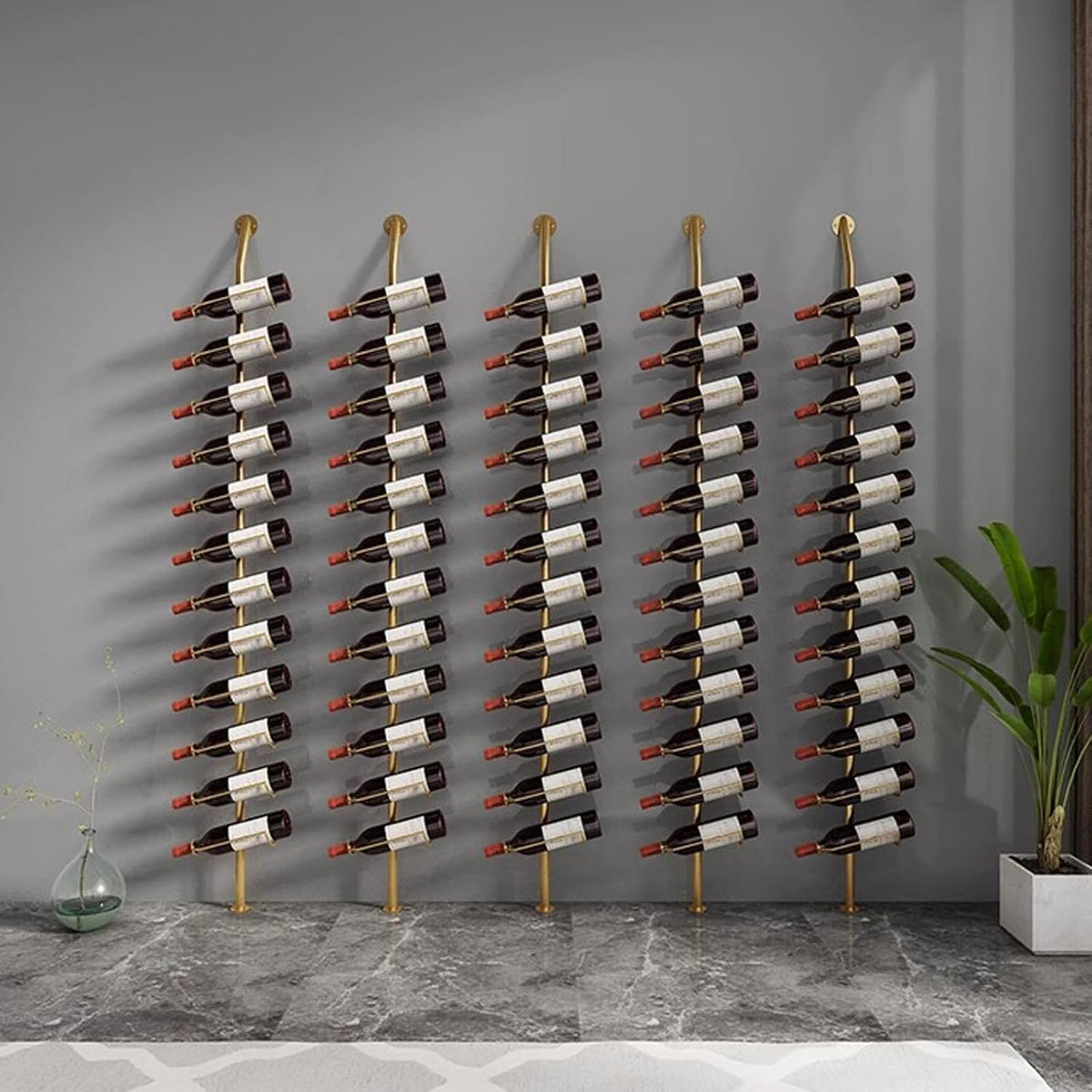 Wine Rack Wall Mounted, 72.8in High Metal Wine Bottle Holder for 12 Bottles, Kitchen Organization and Wine Storage for Commercial Restaurants Pantry Bar Wine Cellar (Gold, Two rows-24 Bottles)