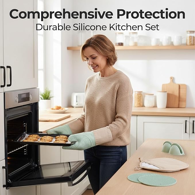 8-Piece Silicone Oven Mitts and Pot Holders Set with Hanging Loops - Heat Resistant Kitchen Gloves with Non-Slip Honeycomb Grip - Includes Mini Mitts & Trivet Mats for Cooking, Baking - Green
