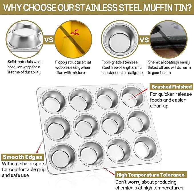 TeamFar 12-Cup Muffin Pan, Stainless Steel Cupcake Pans Muffin Tin Set for Oven Baking Mini Brownies Quiches Tarts, Non Toxic & Regular Size, Dishwasher Safe – Set of 2