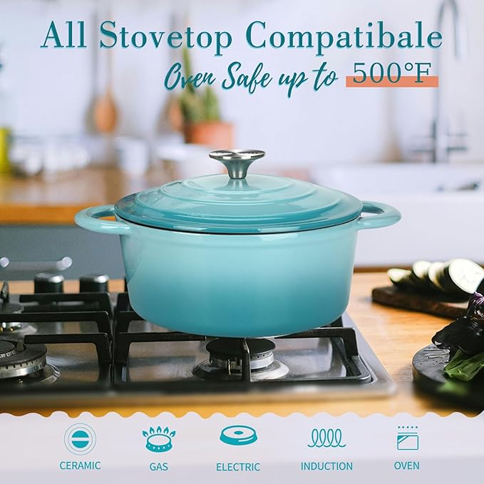 Cast Iron Dutch Oven 4.5 Quart Enameled Cast Iron Dutch Oven Pot with lid Heavy Duty Dutch Oven Dual Handles Porcelain Enameled Cast Iron Pot for Baking Braiser Cooking Family or Friends Gifts,Aqua