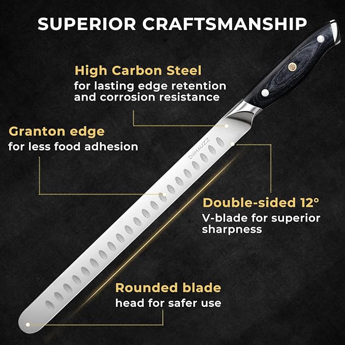 Brisket Knife, 12 Inch Carving Knife for Meat, Razor Sharp High Carbon Steel, Full Tang Ergonomic Pakkawood Handle Slicing Knives for Roast Beef, BBQ, Turkey, Grilling Gift for Men