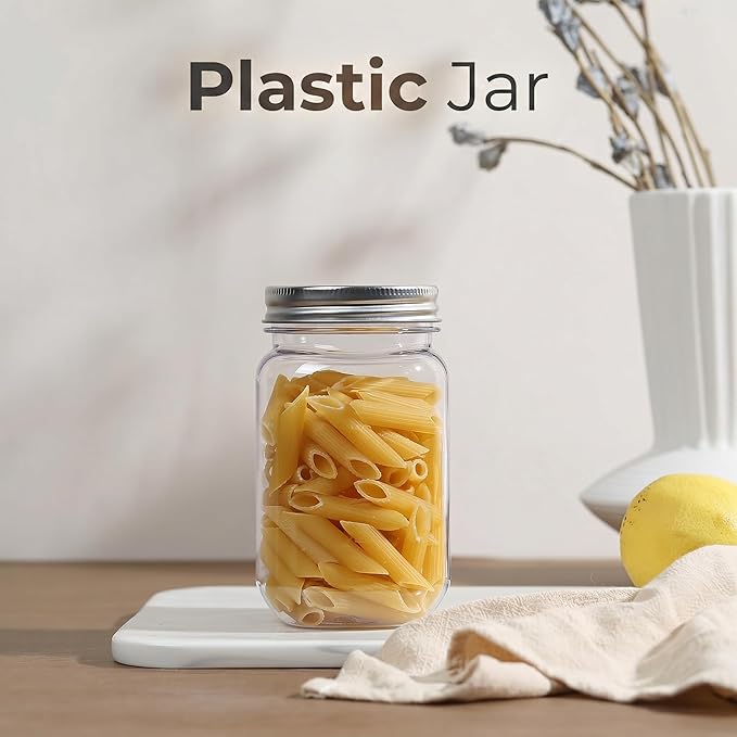 novelinks 16 oz Clear Plastic Jars with Lids, Refillable 16oz Mason Jars with Lids & Storage Containers for Kitchen & Household Use (10 Pack,Silver)