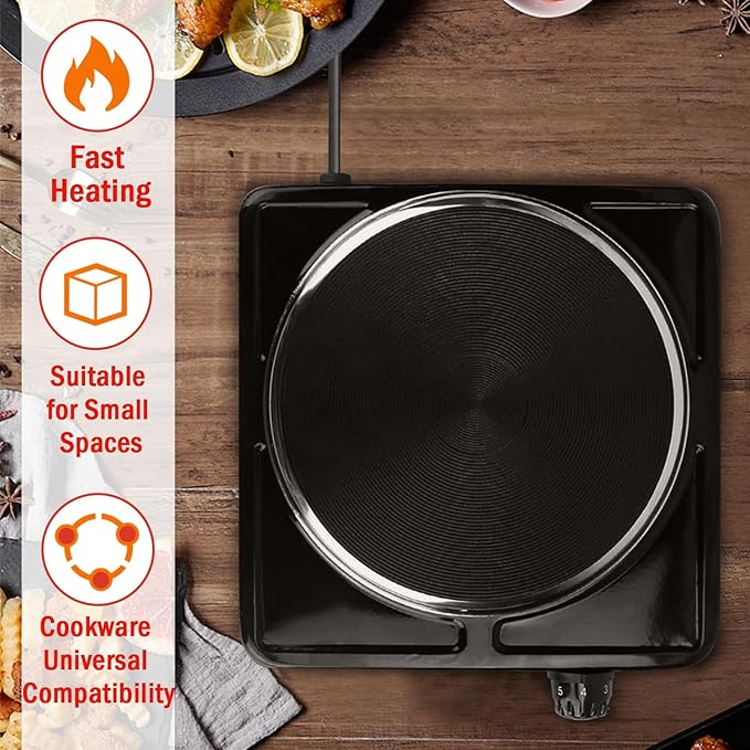 Vivicreate Electric Hot Plate, Portable Countertop Electric Cooktop, Adjustable Temperature Control, 110V Extra Burner for Apartment, Dorm, RV, Small Kitchen (Single Cast Iron Burner)
