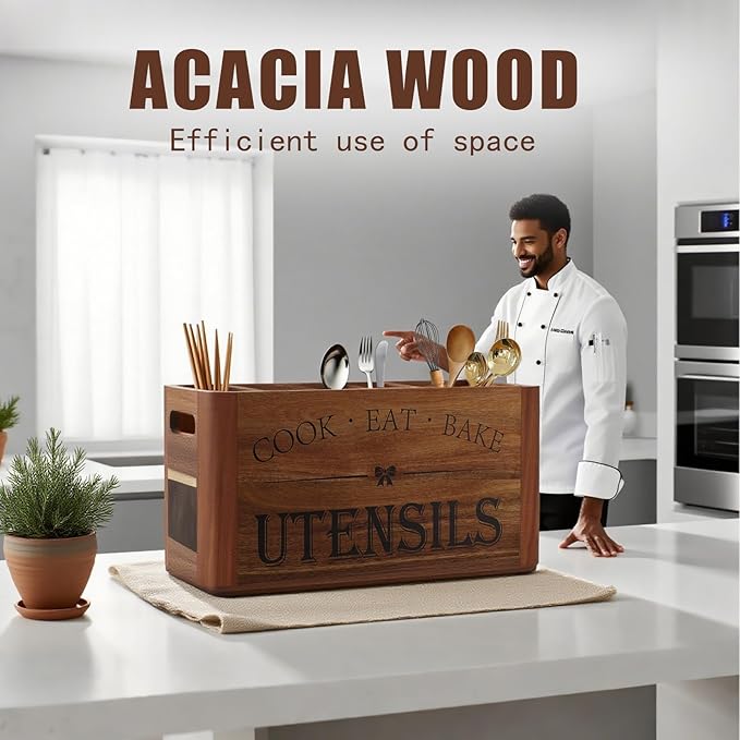 Utensil Holder for Kitchen Countertop - Extra Large 4 Compartment Wooden Organizer in Acacia Wood, Storage for Cooking Tools and Cutlery, Farmhouse Style for Home Cooking