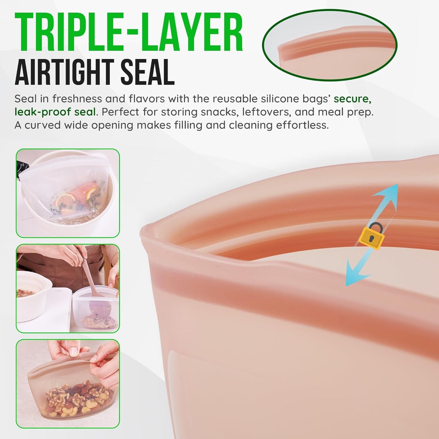Reusable Silicone Food Storage Bags 3.6Cup (29oz), Airtight food Storage Containers Food Grade Silicone Snack Bags, BPA Free Food Storage Container, Microwave Safe, Sous Vide Container, White