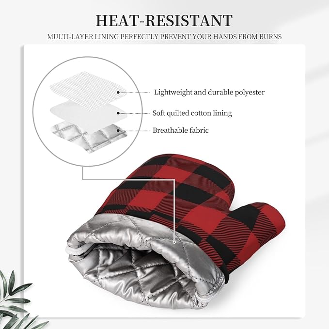 Red Black Buffalo Plaid Checker Oven Mitts and Pot Holders Set Silicone Heat Resistant Red Black Checker Kitchen Gloves Set Plaid Kitchen Mittens Pot Holders for BBQ Cooking