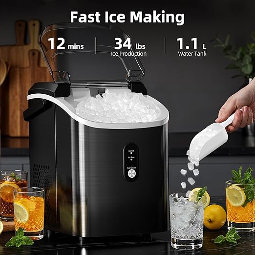 Antarctic Star Nugget Ice Maker Countertop, 34Lbs/24H, Soft Chewable Ice, Self-Cleaning, Portable Ice Machine, Fast Making in 8 Mins, Ice Basket & Scoop, Stainless Steel Black