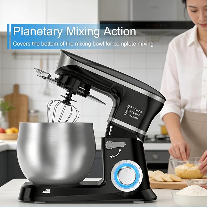 Electric Stand Mixer, Kitchen Mixer 6.5-Quart Tilt-Head, 6 Speeds with Dough Hook, Whisk, Beater, and Splash Guard, Stainless Steel Bowl for Baking—Perfect for Baking Bread, Cookies, Cakes