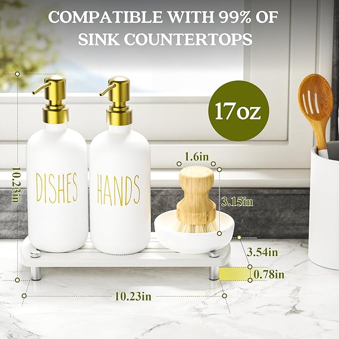 Galasily Gold Soap Dispenser Set Comes with Stainless Steel Pumps, Instant Dry Tray, and Dish Scrub Brush, Kitchen Soap Dispenser Set Suitable for Kitchen Decor and Bathroom Accessories(Gold)